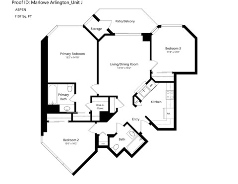 Floor plan for 3 beds, 2 baths, 1107 sqft